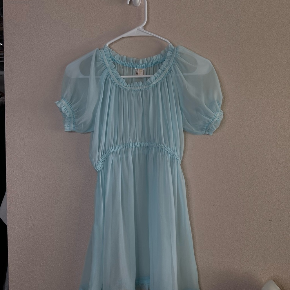 Vintage Light Blue Girls' Puff Sleeve Chiffon Nightie Lingere